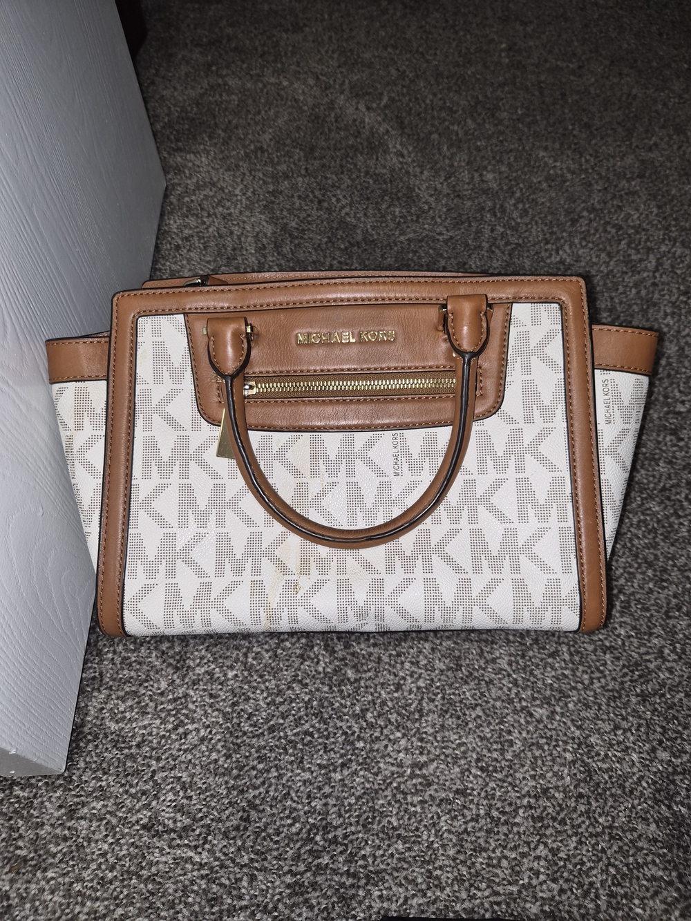 Michael Kors Beige/ Brown Signature MK Top-Handle Satchel
